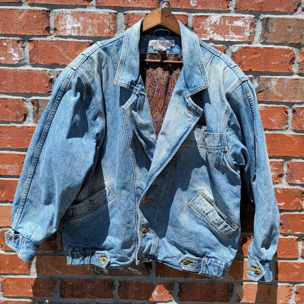Anne Pinkerton Denim Jacket Womens M Blue Acid Wash Paisley Lined Vintage 80s